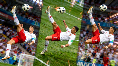 足球比赛中C罗倒钩射门的精彩瞬间集锦